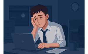 記事本文を補助する図で、消灯が消された室内でパソコン画面に向かっている男性