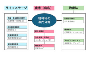 記事本文を補助する図で、精神疾患とライフステージと治療法をまとめたイラスト