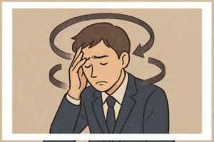 記事本文を補助する図で、若い男性が悩んでいるイラスト