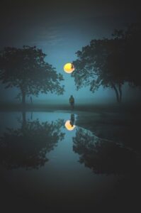 静かな水面に月が映っている写真。月も水も傷つけ合わず、同時に在ることを象徴している。