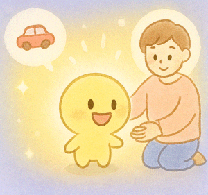記事本文を補助する図で、ぽんぽんが言葉をいえた瞬間のイラスト
