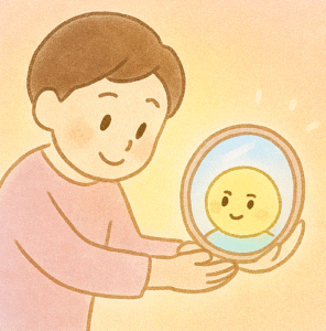 記事本文を補助する図で、子どもが鏡にうつるぽんぽんを見ているイラスト
