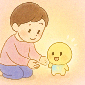 記事本文を補助する図で、子どもとぽんぽんが出会った場面